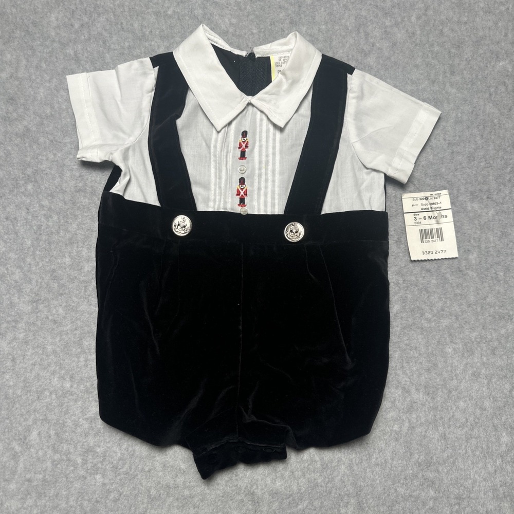 1970s Baby Black Velvet Romper Short Overalls Tuxedo 1pc Nutcracker 3-6M